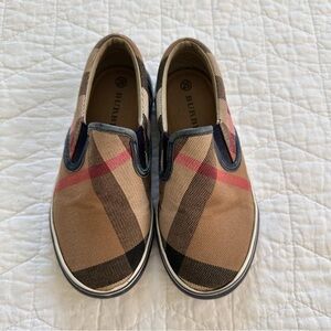 Burberry Checkered Canvas Slip-Ons in Tan and Black